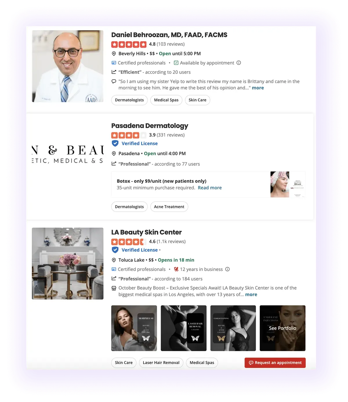 well-optimized dermatology doctor profiles on Yelp
