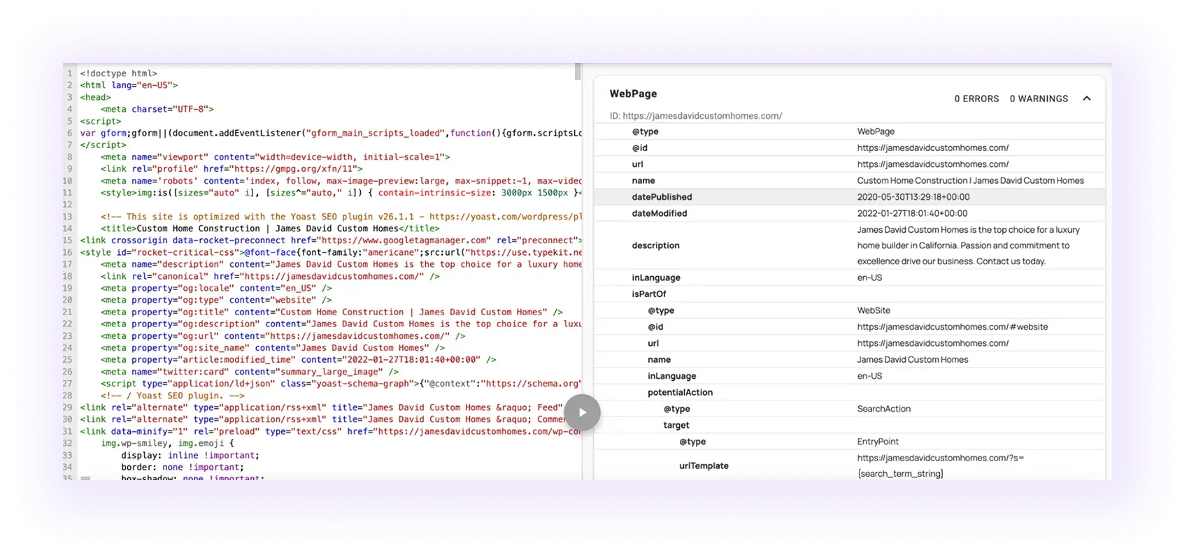 example of an optimized schema markup for a home builder website
