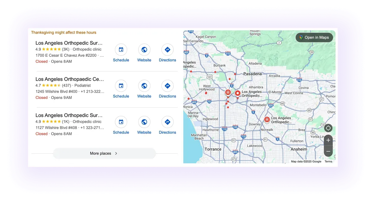 orthopedic Google Business Profiles showing up on Google Maps