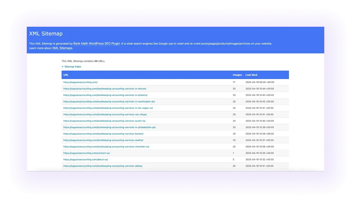 example of an optimized XML sitemap for an accounting services website