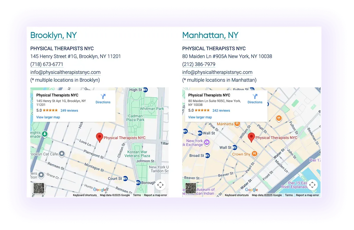 example of location pages with maps and contact details on a central location hub page on a physiotherapy website
