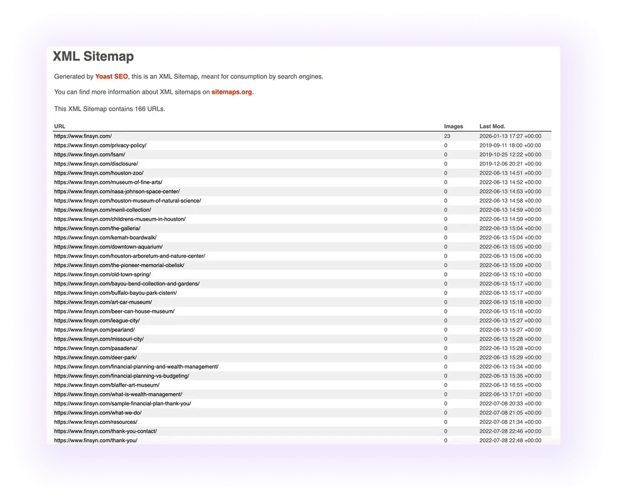 example of an optimized XML sitemap for a financial advising services website