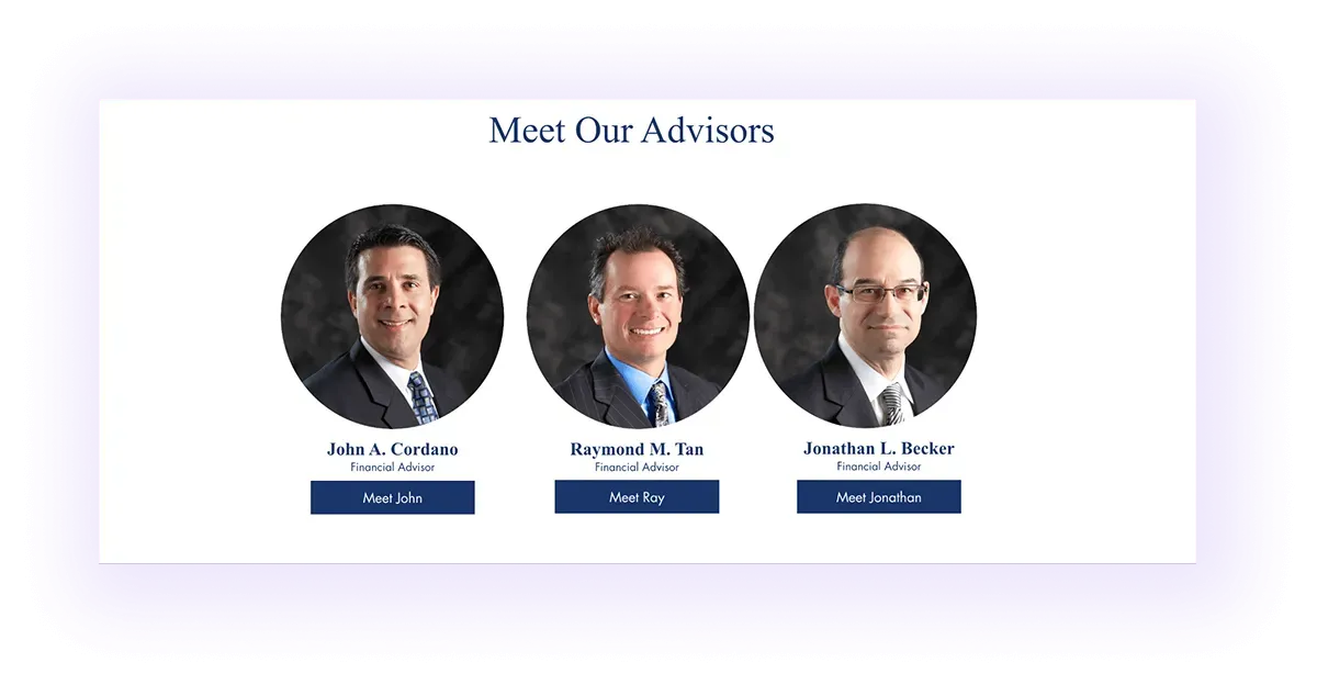 Advisors and team bios block on a financial advising services website