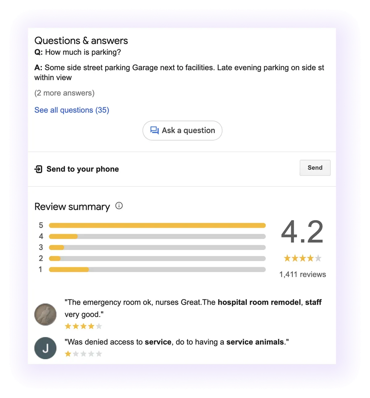 Q&A and review sections example for a healthcare company GMB