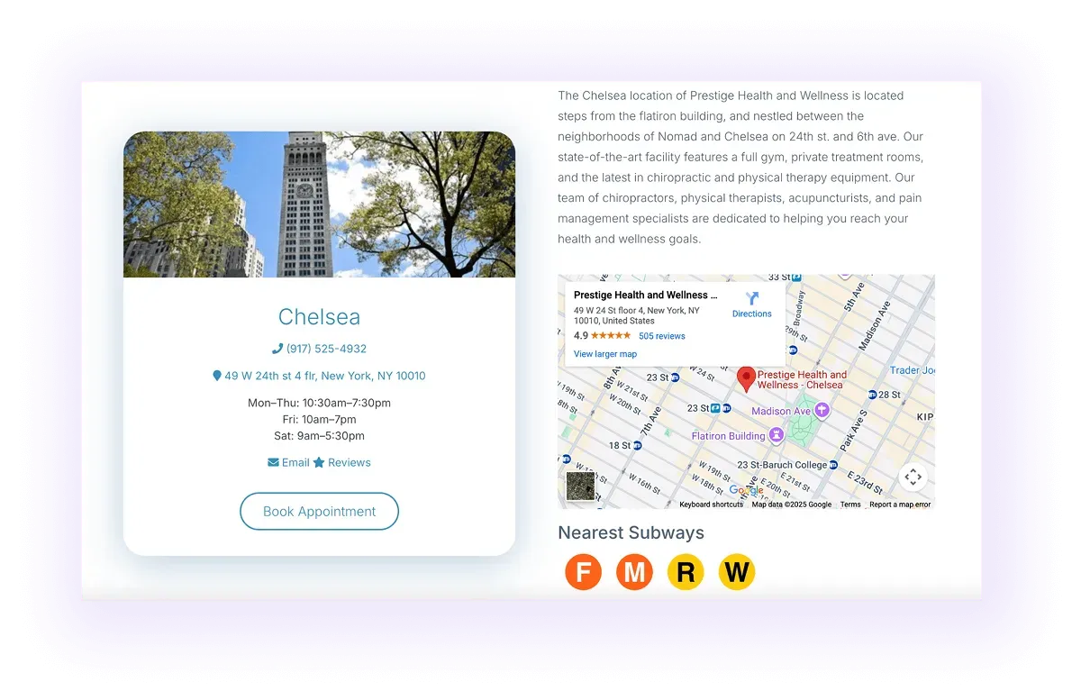 example of a map and local clinic contact information on a chiropractor's website