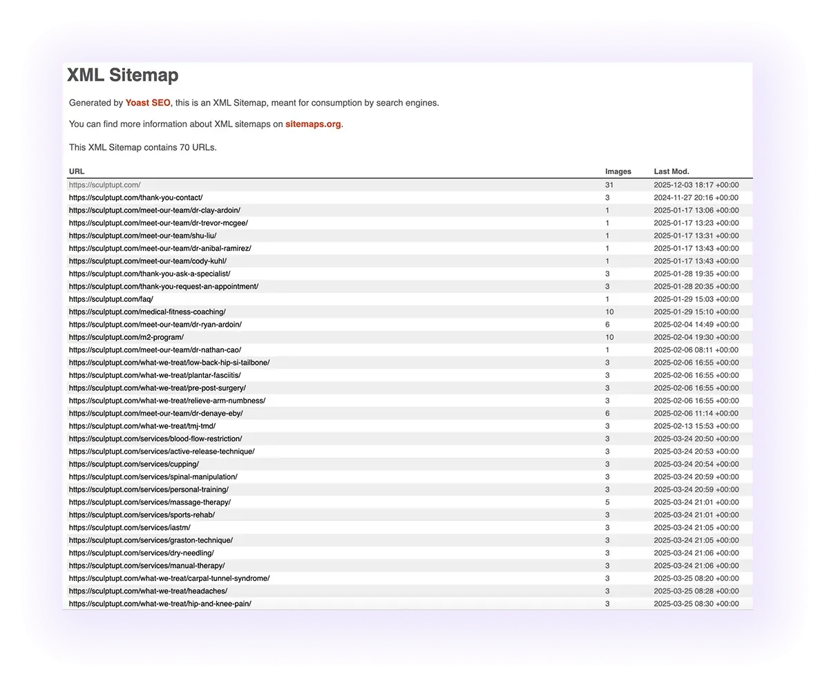 example of an optimized XML sitemap for physiotherapy website