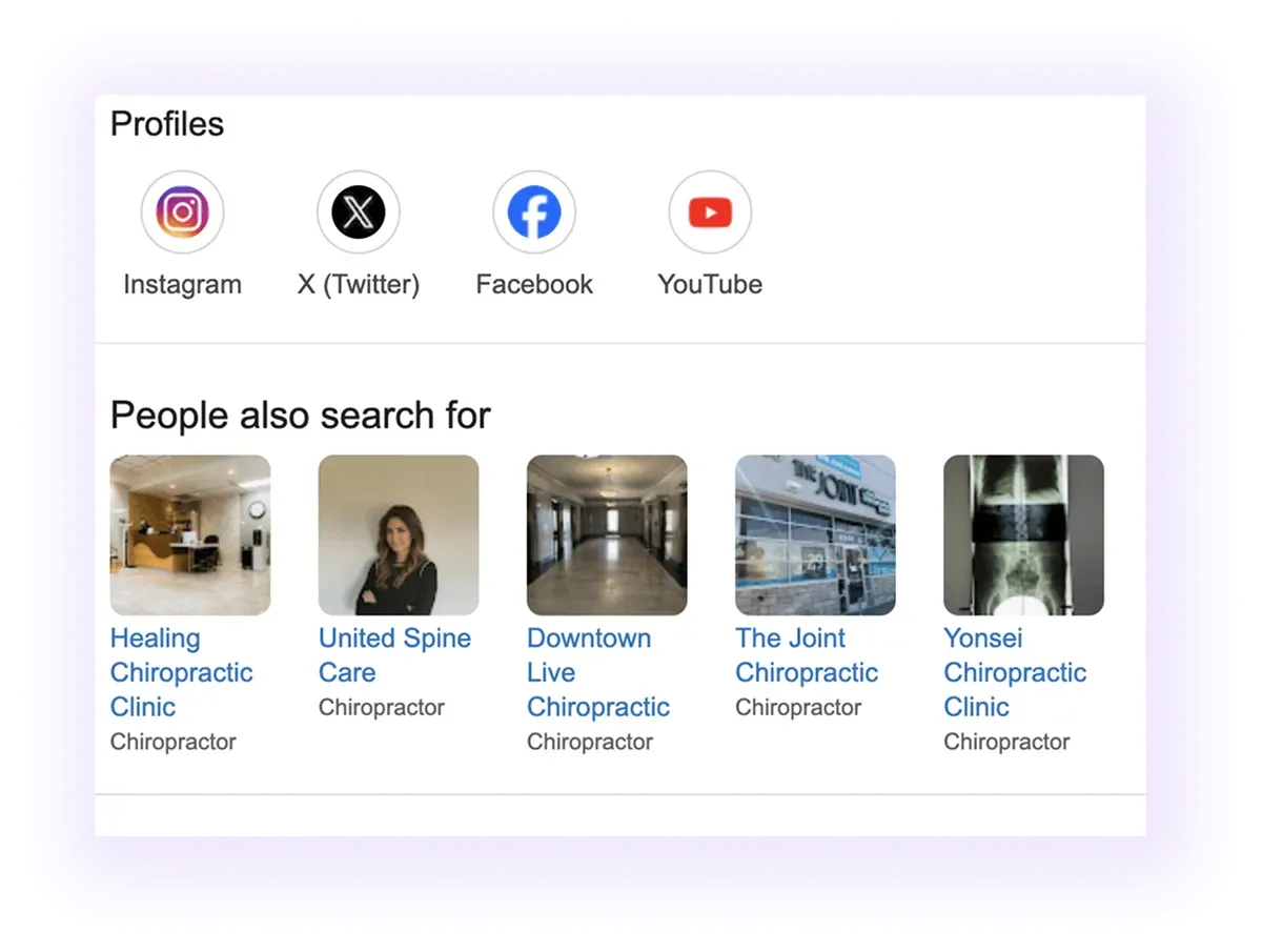 social media profiles and "people also search for" sections example for a chiropractor's GMB listing