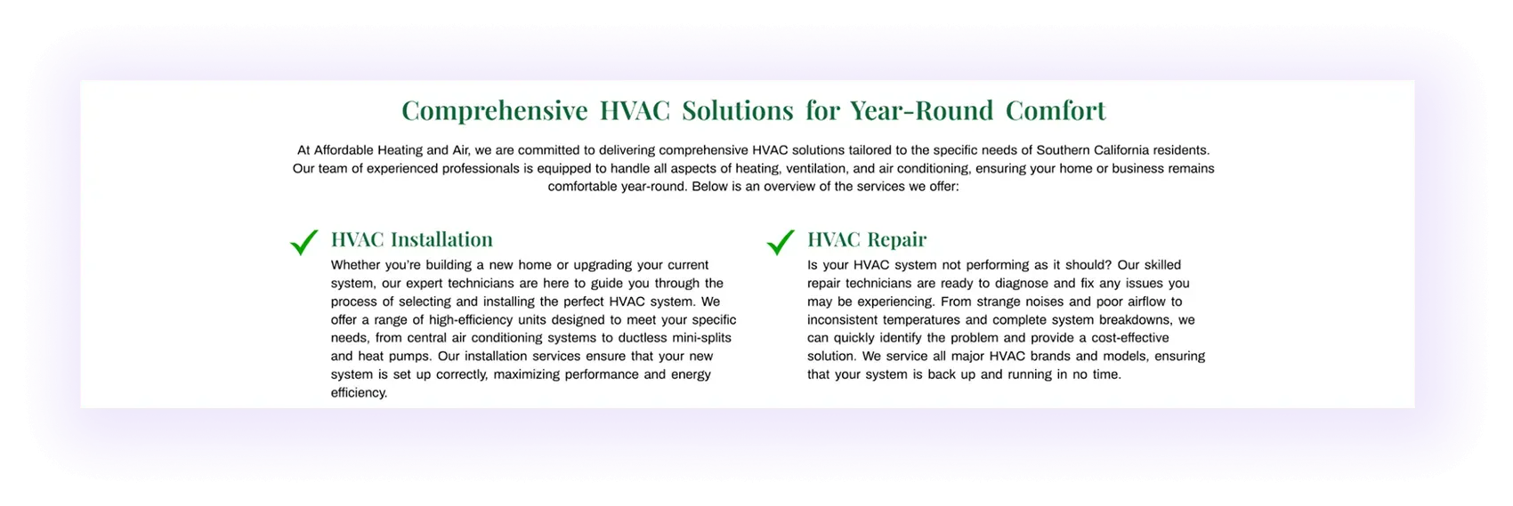 service-to-service linking example on an hvac company website