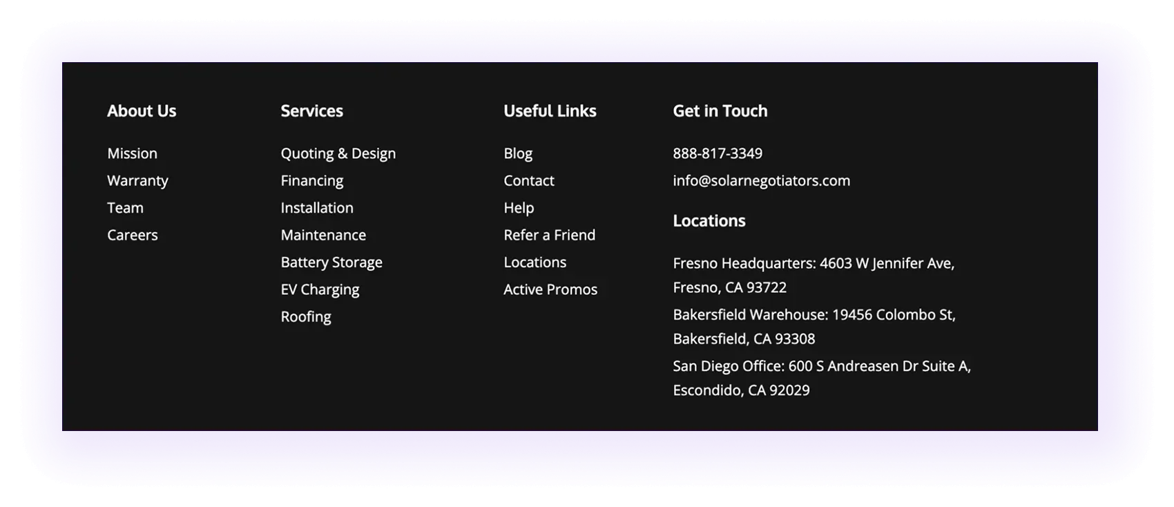 location pages linked on a footer of a solar company website