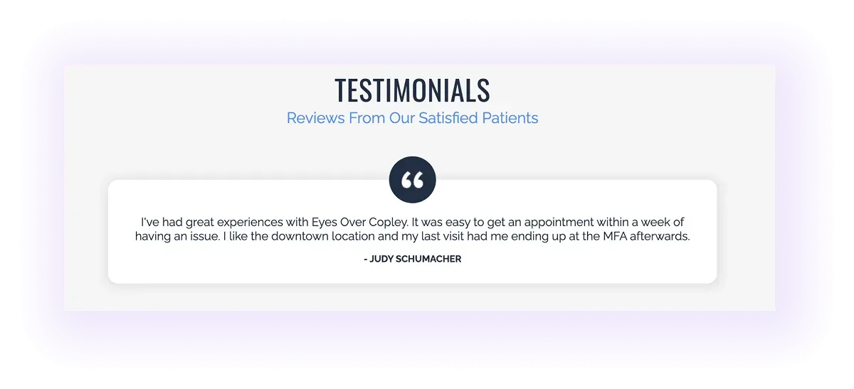 testimonials block on an optometry website