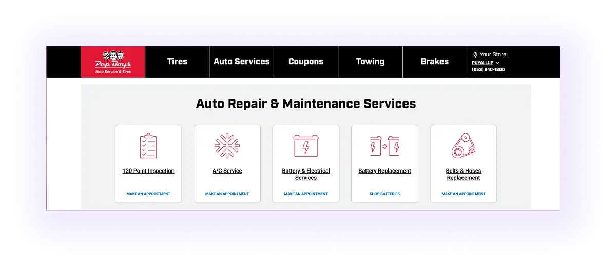 example of service-to-service linking section on an automotive business website