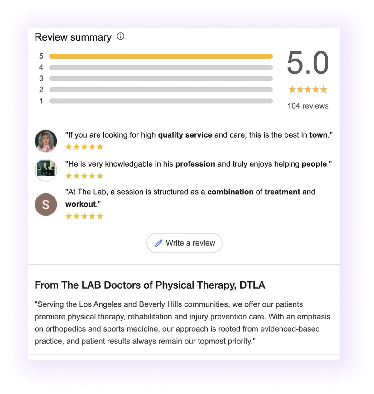 reviews and description sections example for physical therapy clinic GMB listing