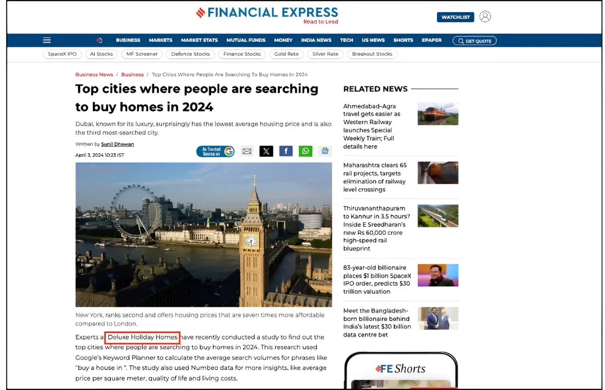 Deluxe Holiday Homes featured Financial Express