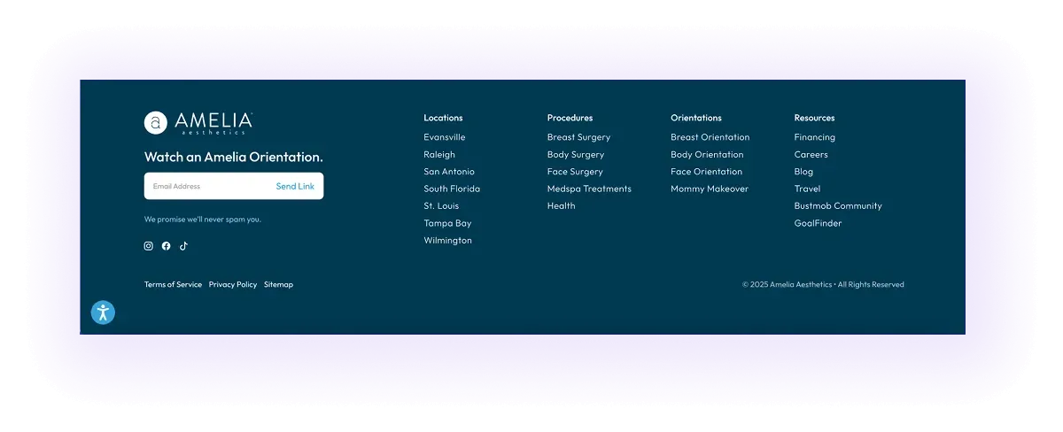 example of locations mentioned on the footer of a plastic surgeon website