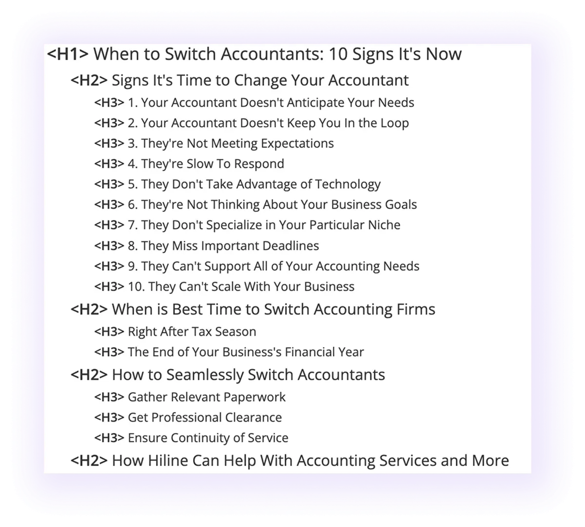 blog post heading structure in a blog on "When to Switch Accountants"