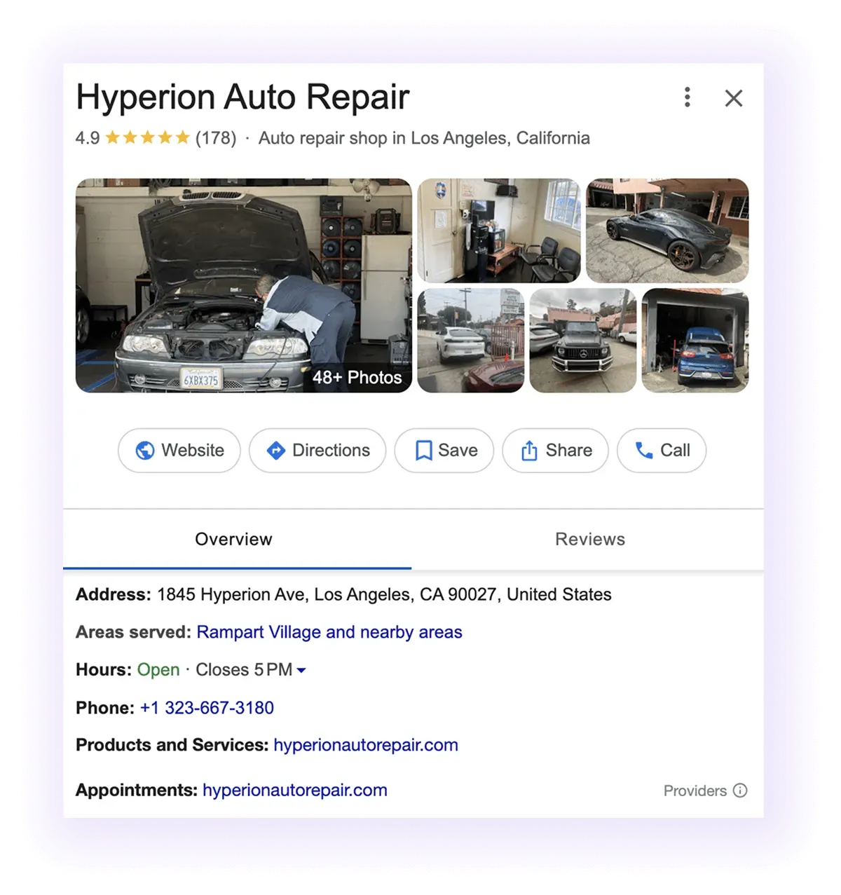 Google Business Profile overview example for an automotive business GMB listing
