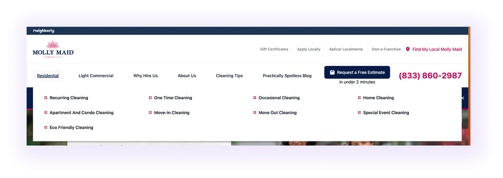 An example of a cleaning website navigation menu with a commercial category