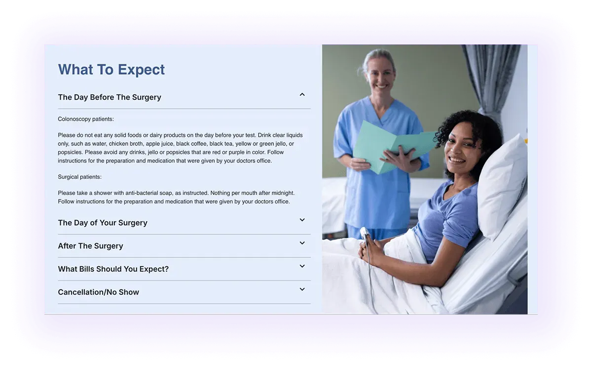 patient expectations block on a surgical clinic website