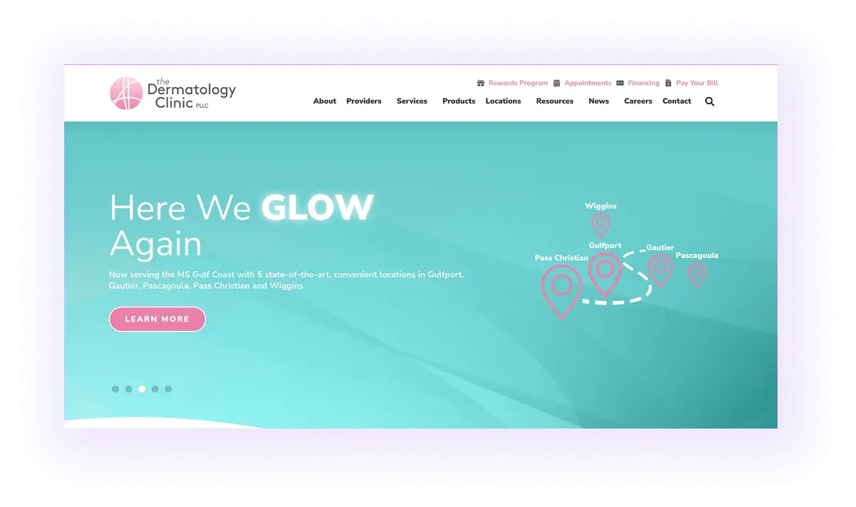 dermatology website hero section and navigation bar example