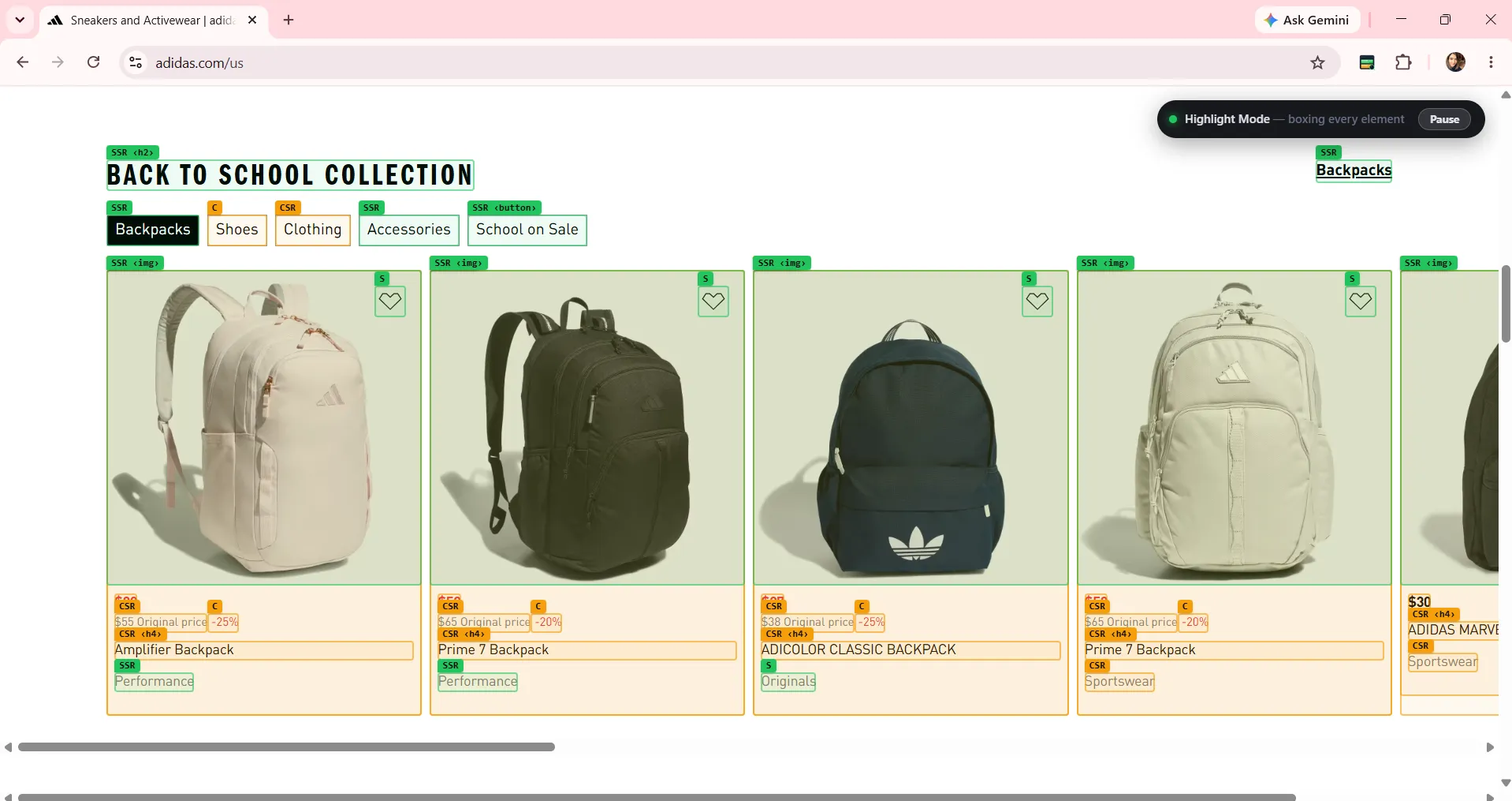 Adidas back-to-school backpack category page with SSR product images and CSR prices and titles highlighted