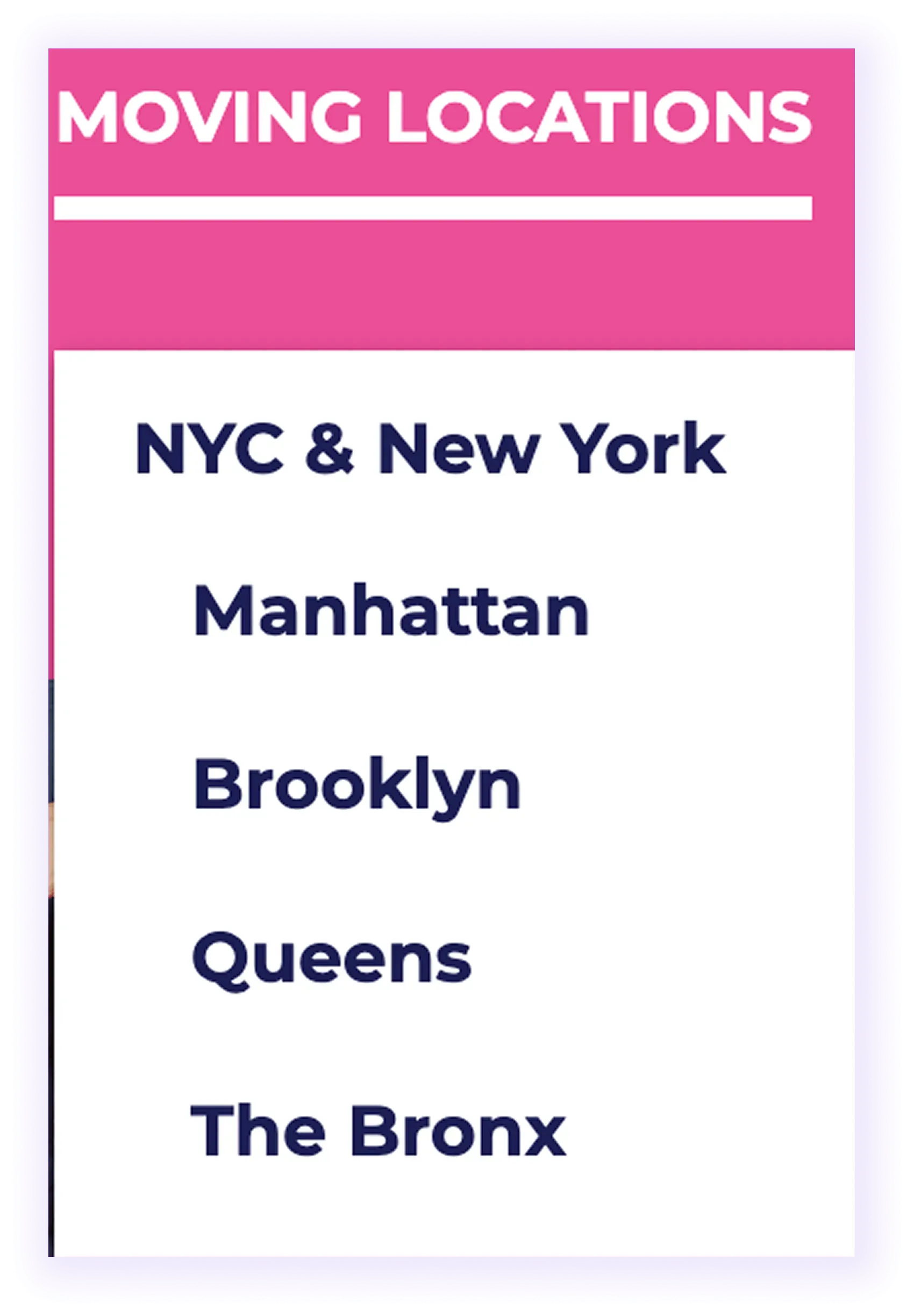 local moving company website homepage navigation menu leading to related location pages