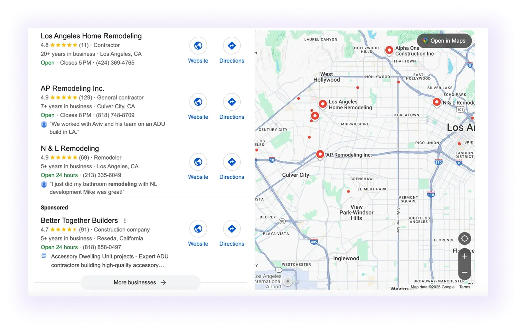 home improvement companies' Google Business Profiles showing up in a map