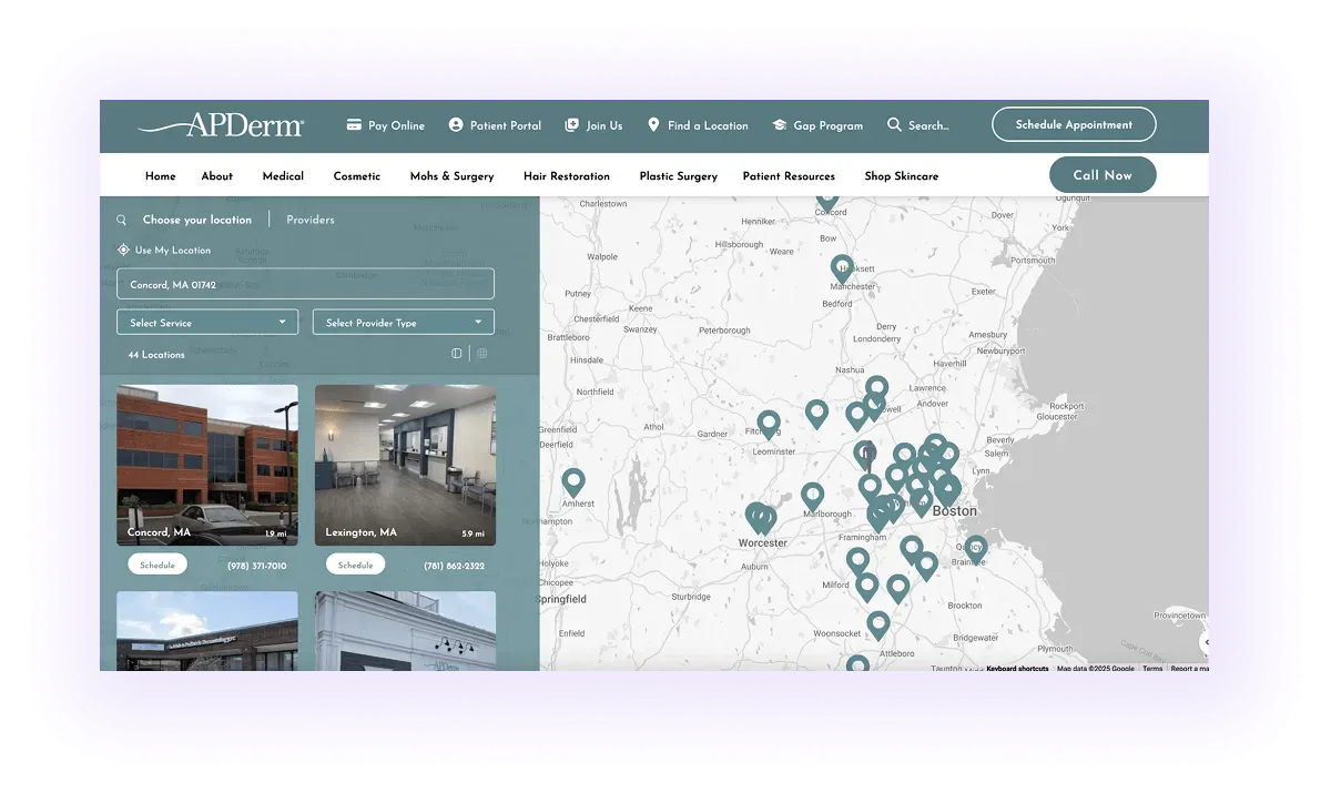 visual map on a location page on a national dermatology website