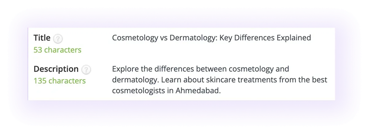 optimized meta title and meta description in a dermatology website blog