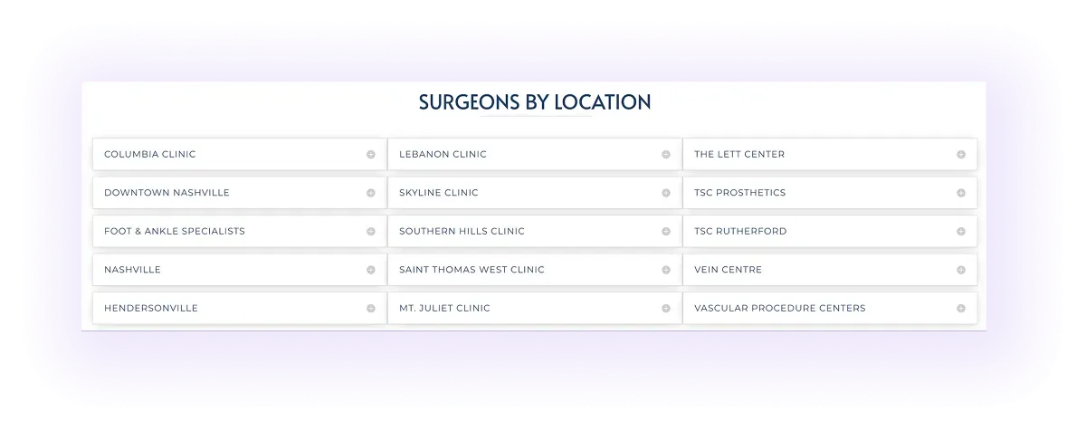 surgeons by location section on a landing page of a surgeon website