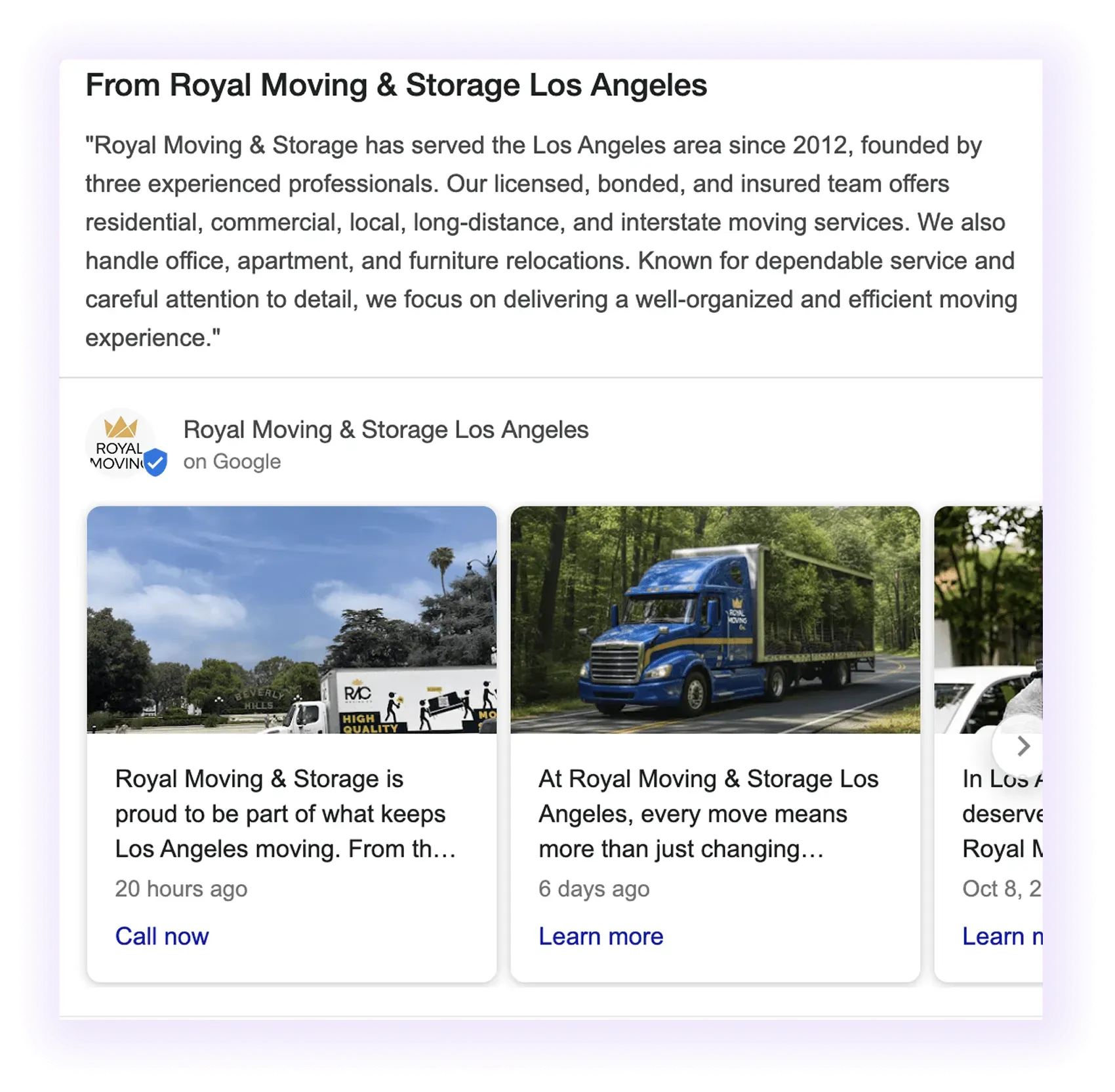 Company description section example for a moving company GBP