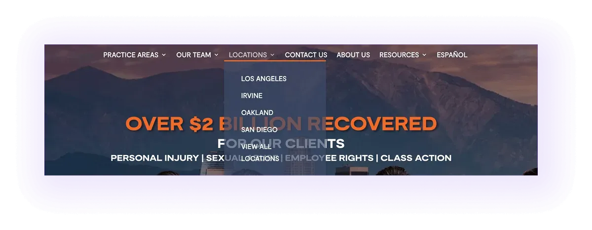 local pages linked in the navigation bar on a law firm website
