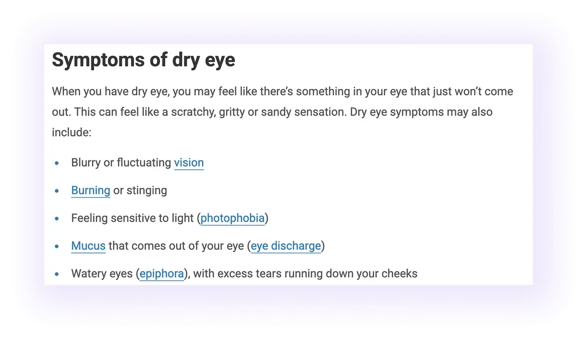 skimable list element in an optometry website blog