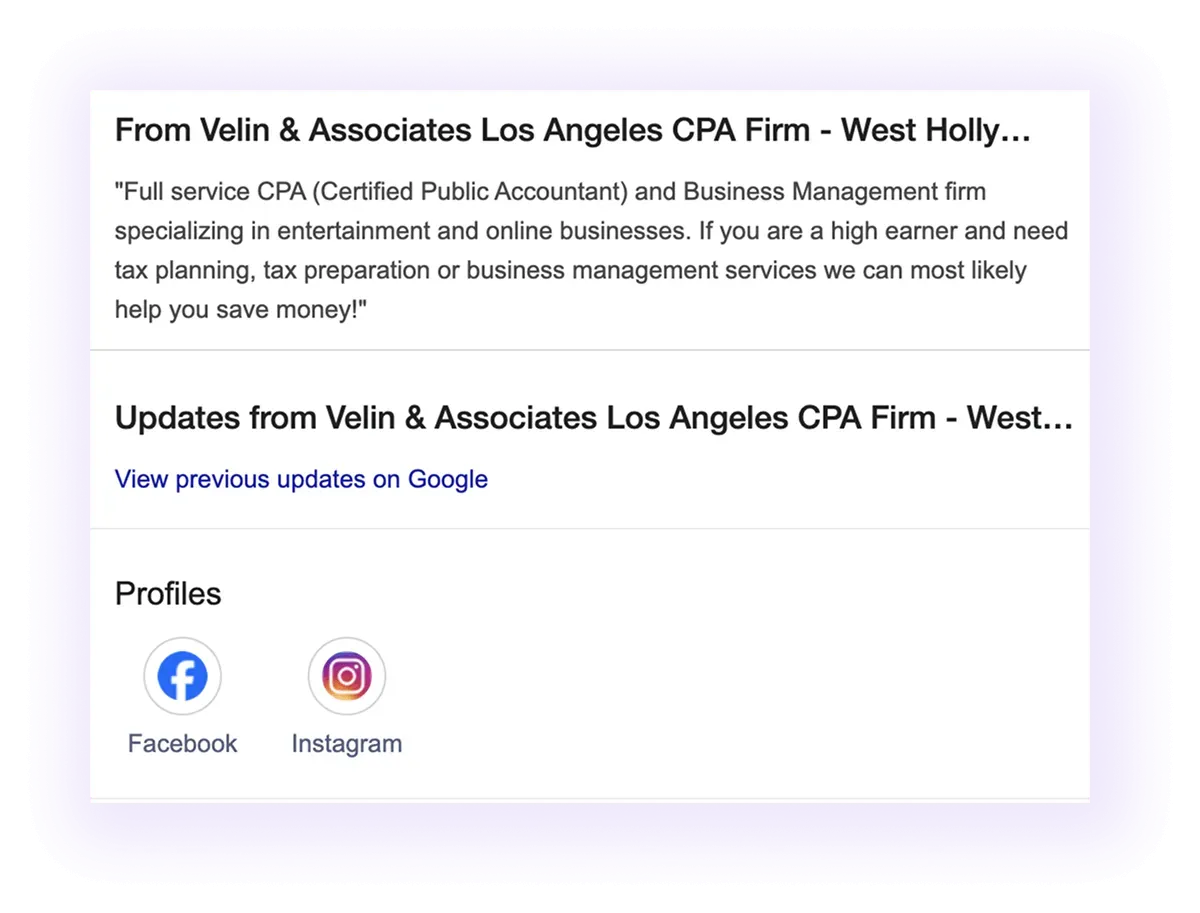 description, updates and social media profiles sections example for an accounting business GMB listing