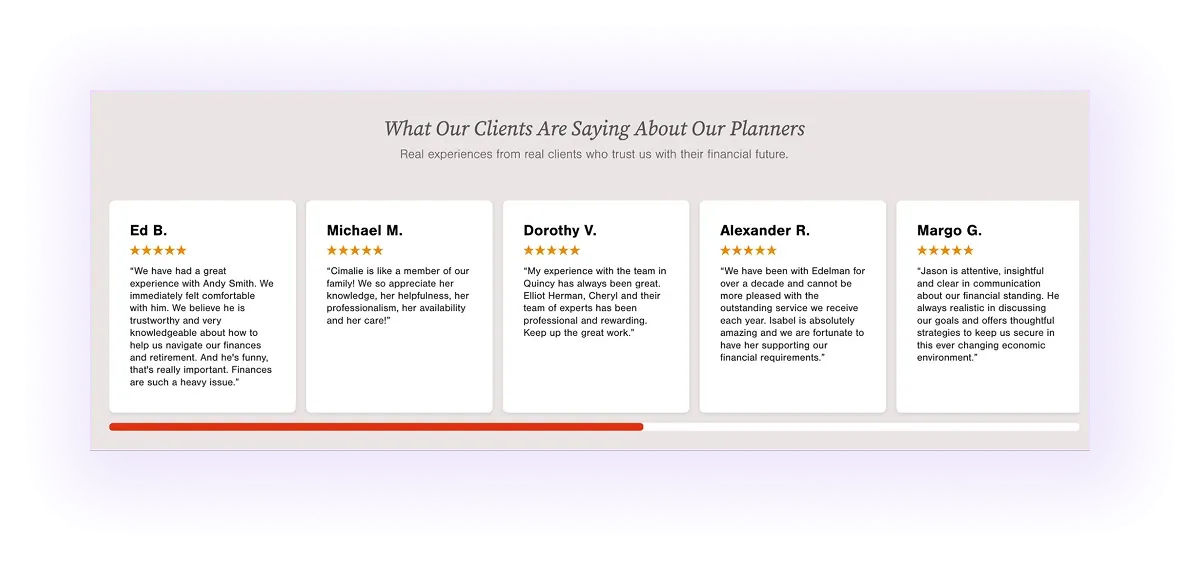 Client testimonials block on a financial advising services website