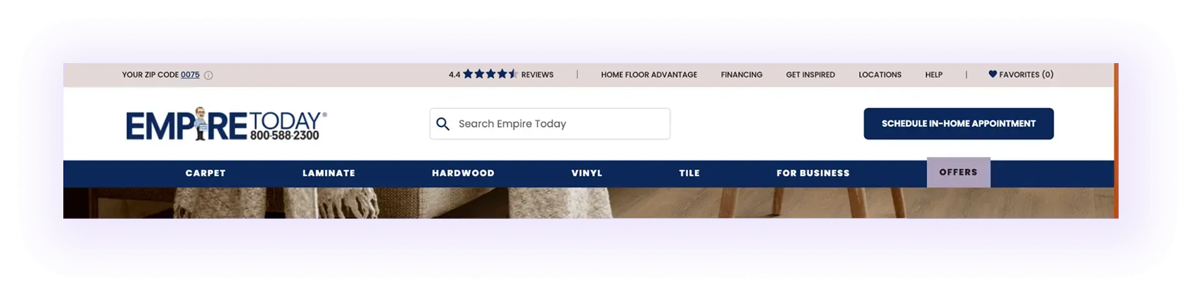 "For business" tab in flooring website navigation menu