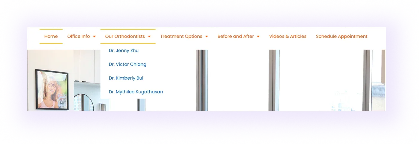  example of a dropdown in navigation menu of an orthodontic website leading to orthodontist profiles on