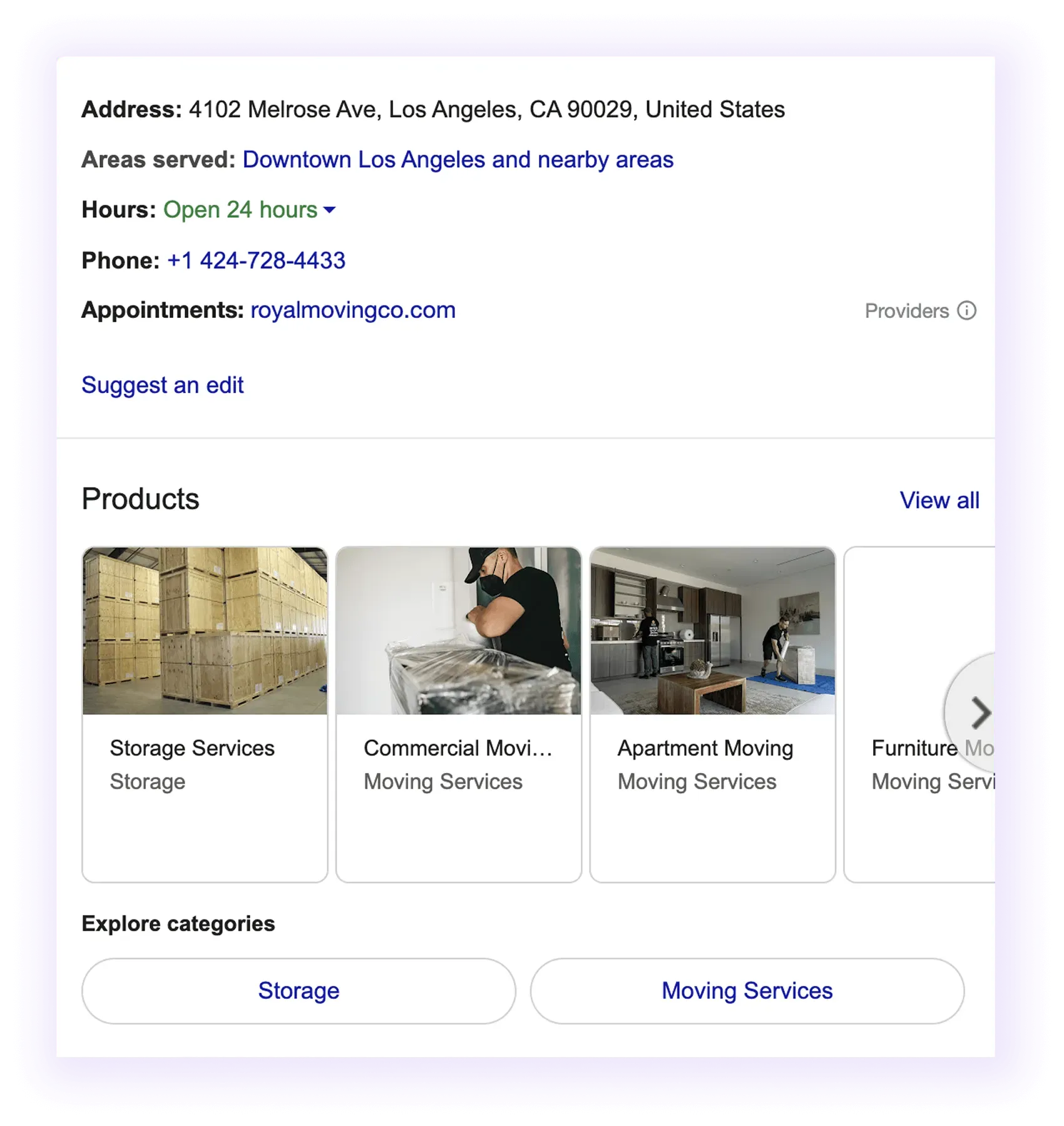 NAP and products sections example for a moving company GBP