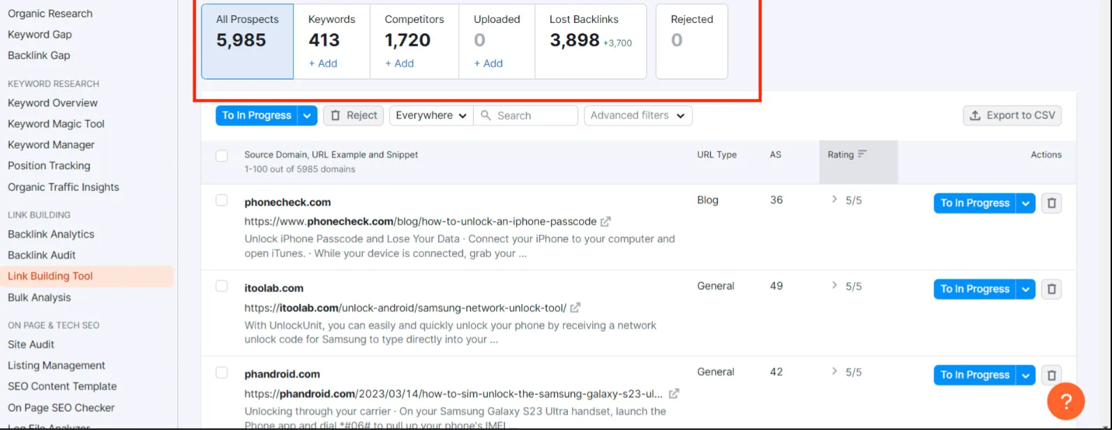 Semrush link building software 
