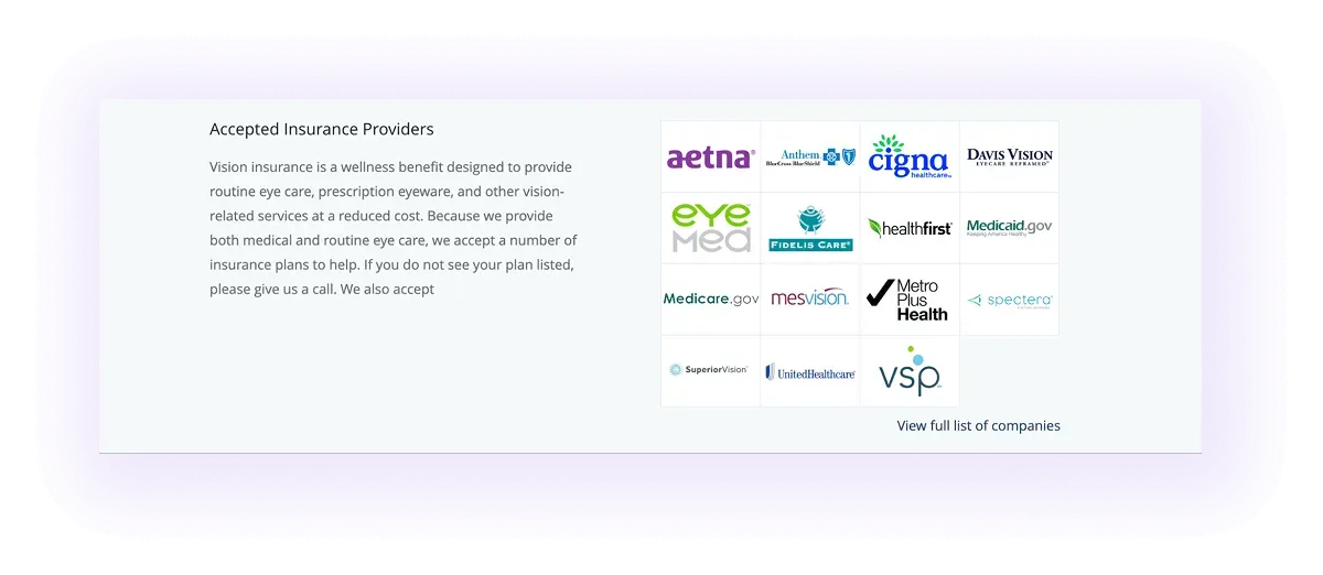 accepted insurance providers block on an optometry website
