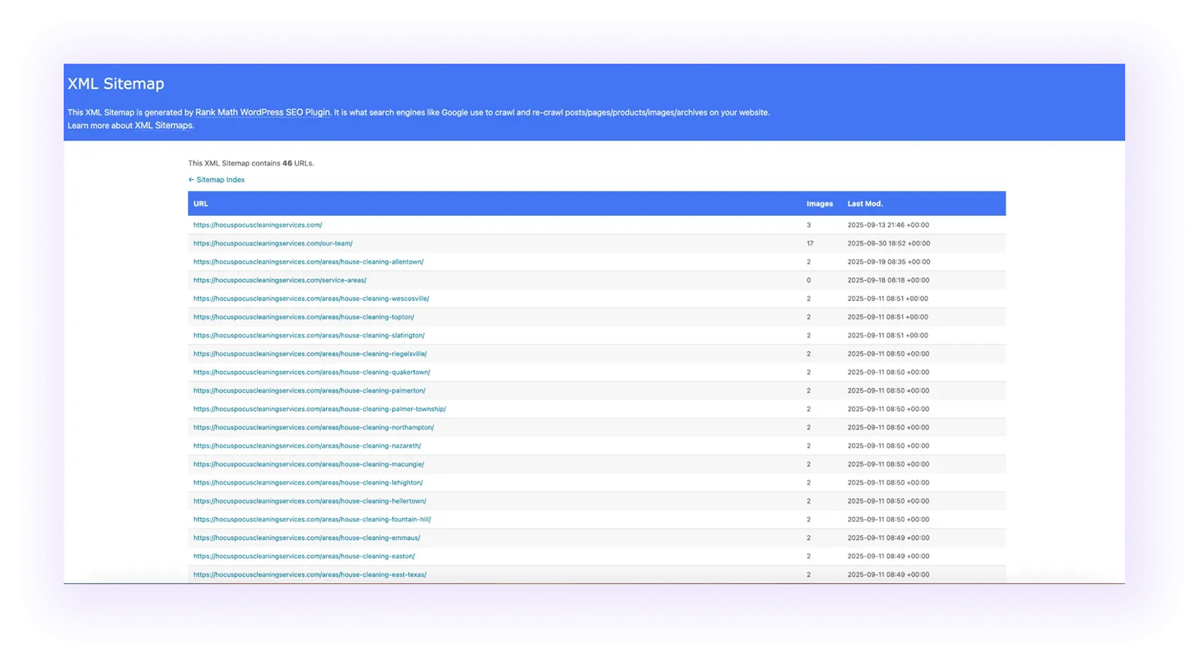 example of an optimized XML sitemap for a cleaning services website