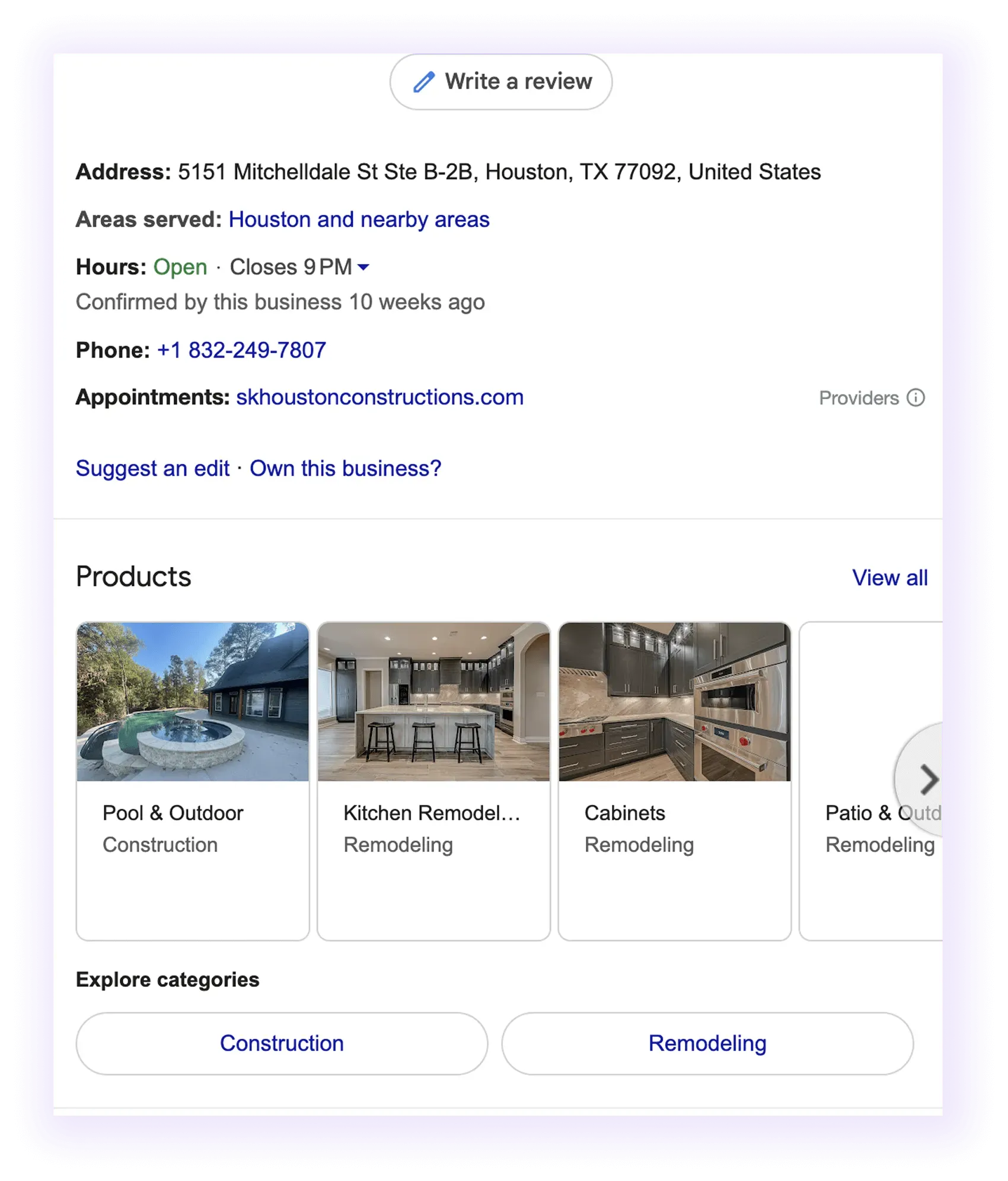 Products and Q/A section example for a home builder GBP