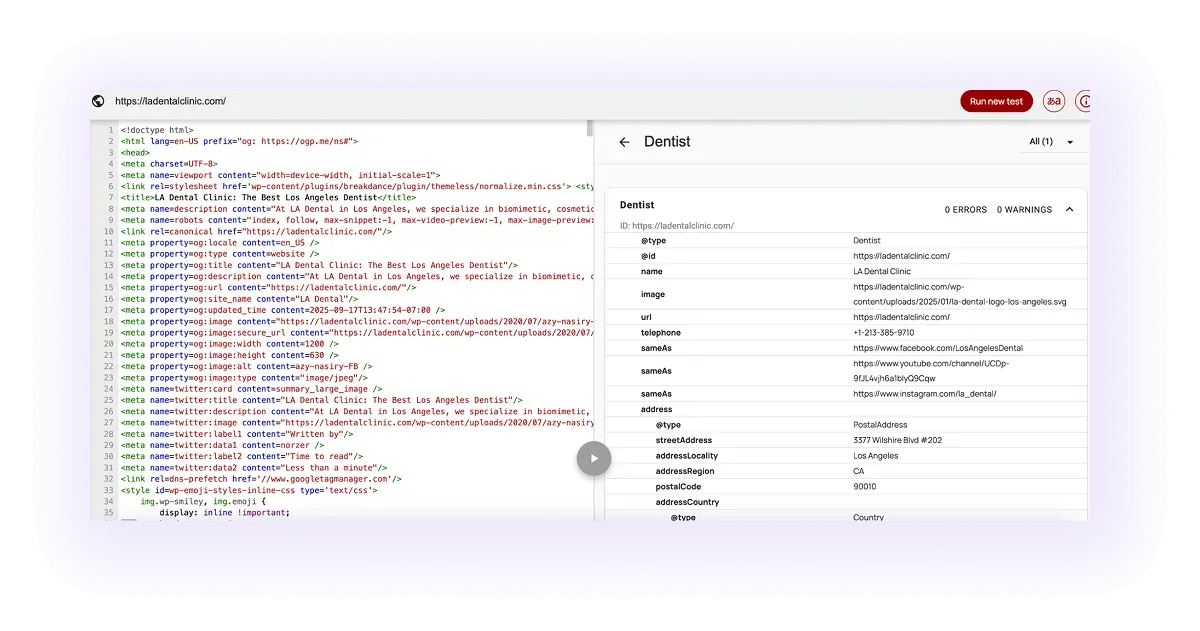 example of an optimized schema markup for a dental website