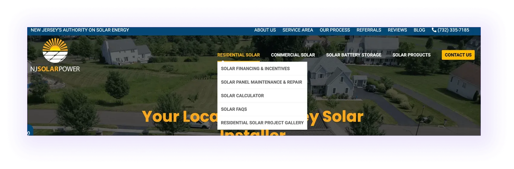 residential category drop-down menu in the navigation of a solar company website navigation