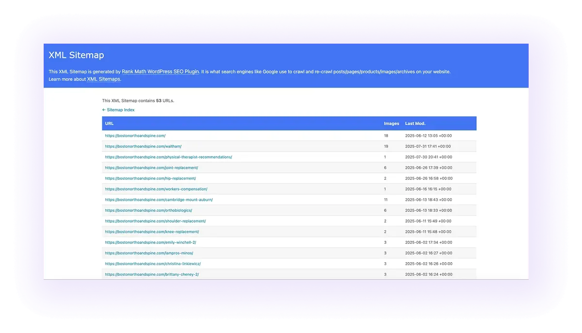 example of an optimized XML sitemap for an orthopedic website