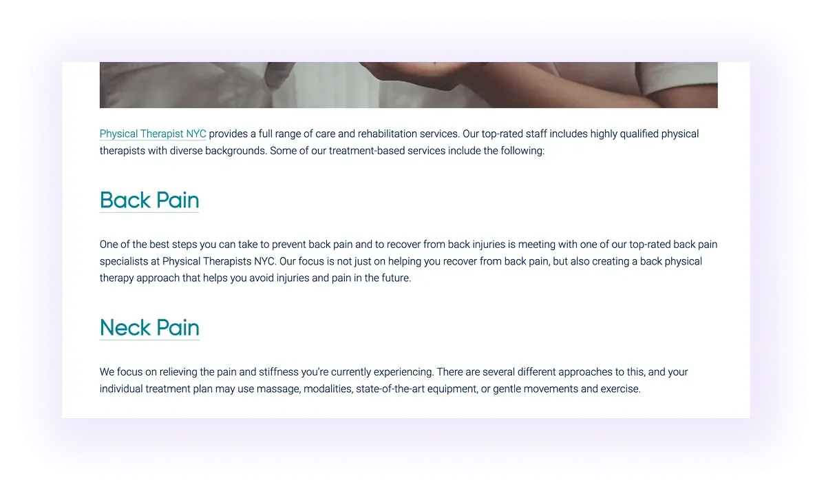 example of service-to-service linking section on a physiotherapy website