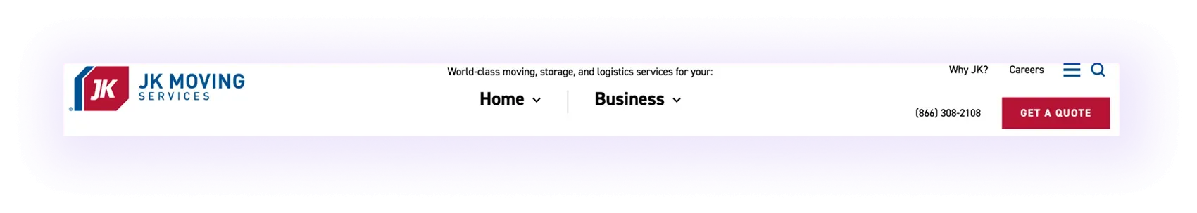 "home" and "business" categories in a moving company website navigation menu
