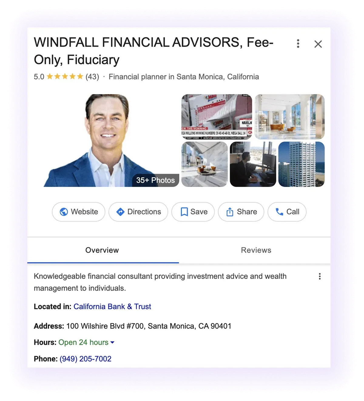 Google Business Profile overview example for a financial advising business GMB listing