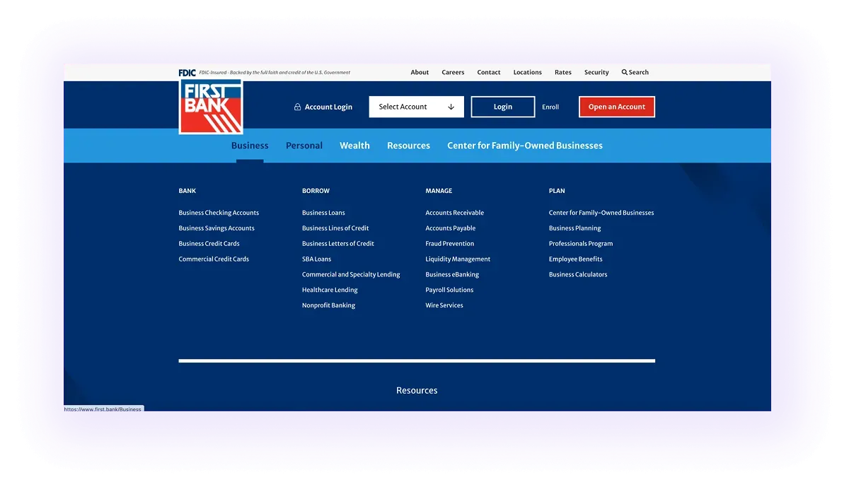 bank website leading the target audience for business banking to the right pages through the navigation bar