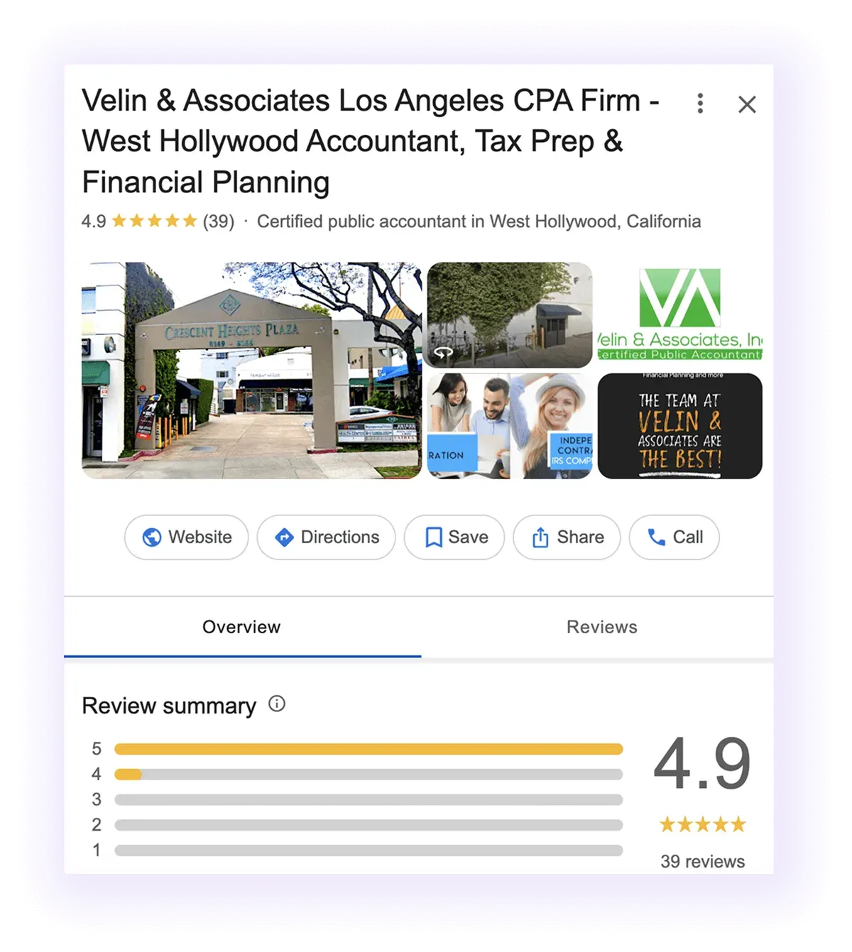 Google Business Profile overview example for an accounting business GMB listing
