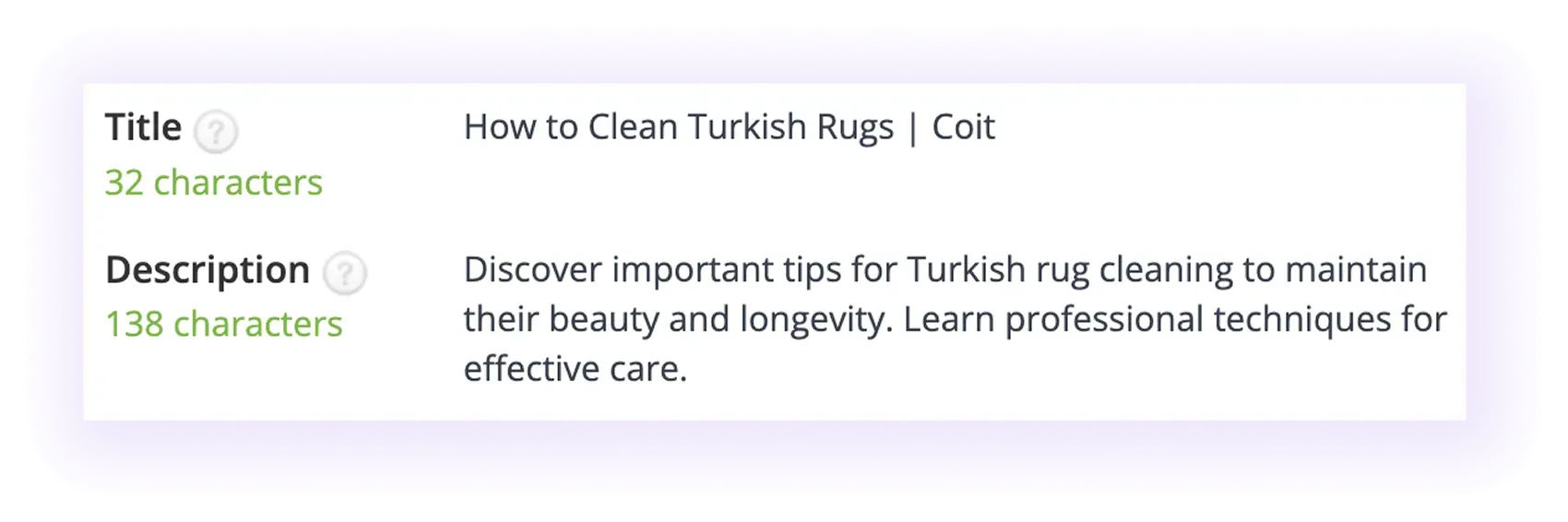 optimized meta title and meta description in a carpet cleaner website blog